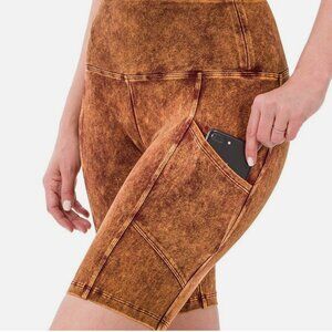 ZENANA Golden Mustard Mineral Wash Pockets BIKER/BIKE SHORTS NWOT Size XL
